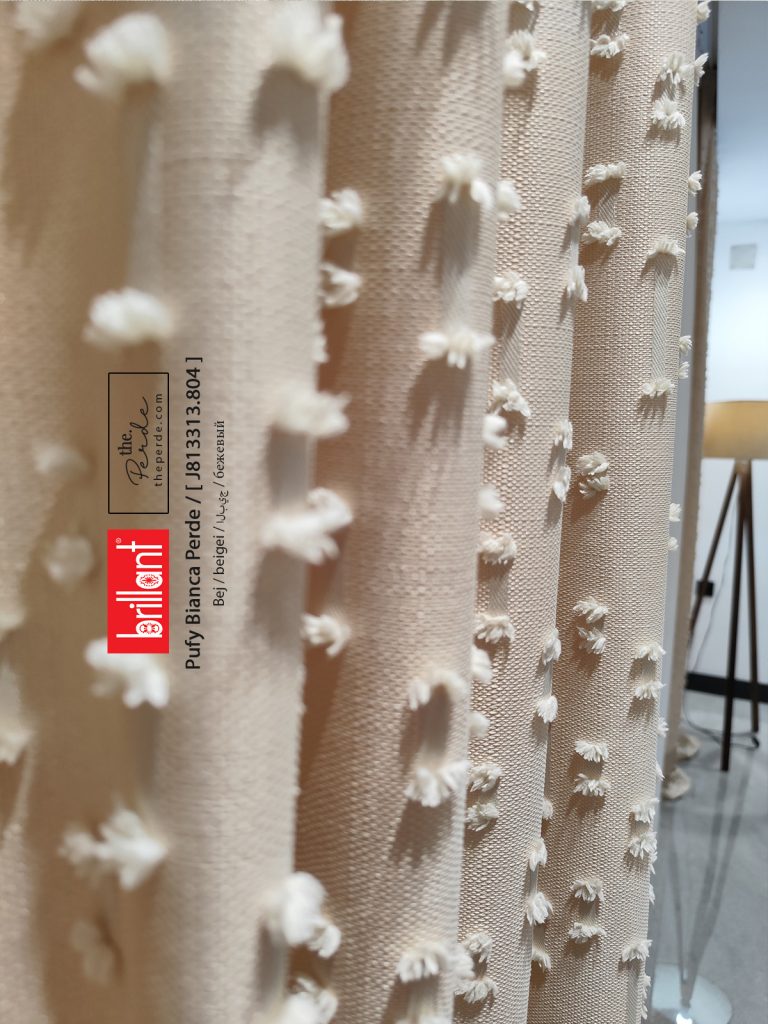 Ponponlu fon perde brillant keten zemin pufy bianca bej renk