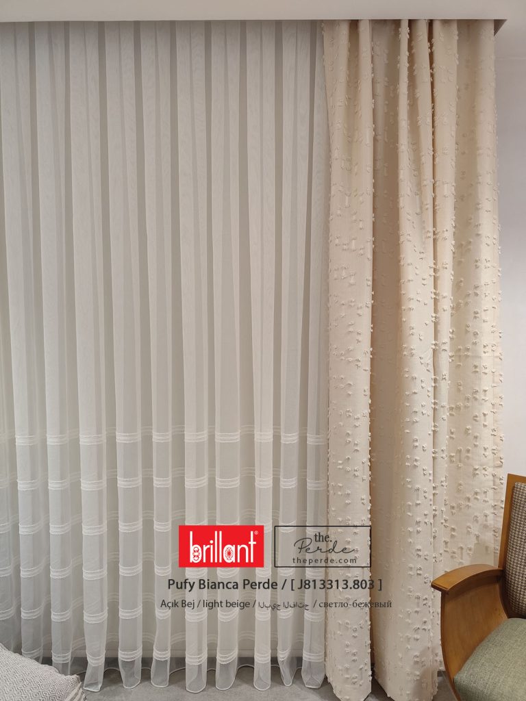 Brillant Pufy Ponponlu fon perde açık bej modern minimalist theperde Keten Zemin