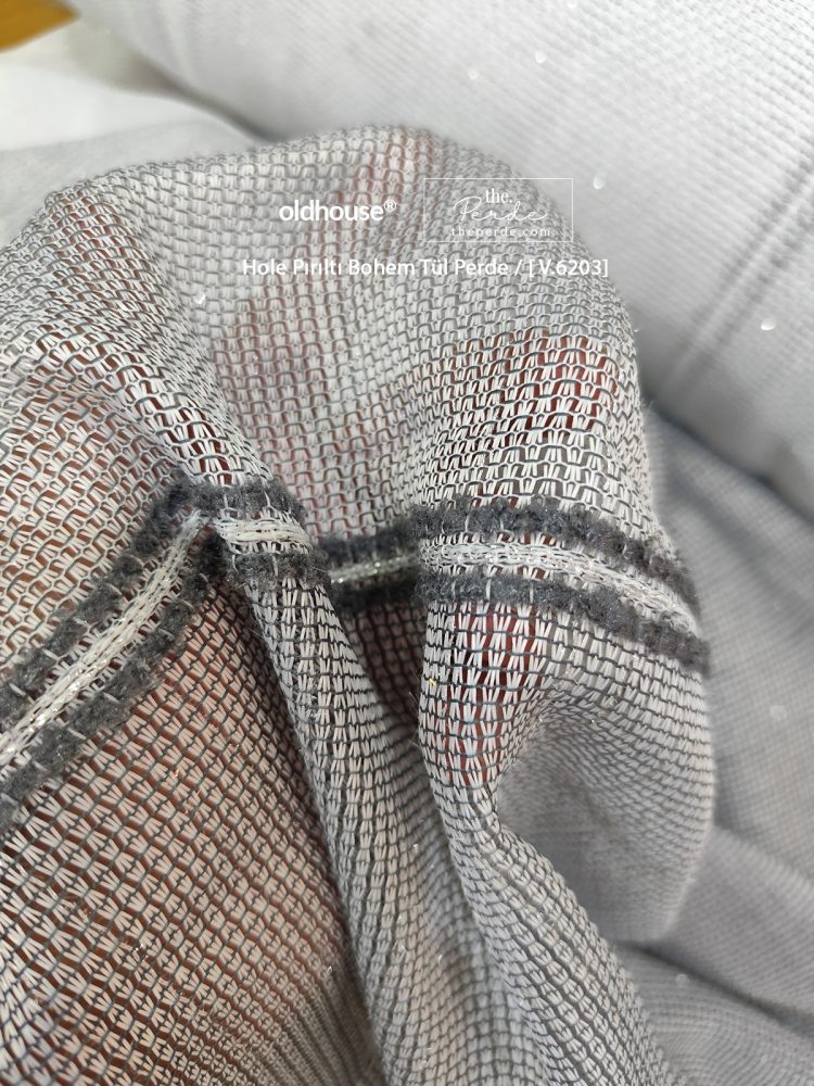 Oldhouse Bantlı Tül Perde Hole Antrasit Pırıltılı Sakallı Bohem 6203-V2